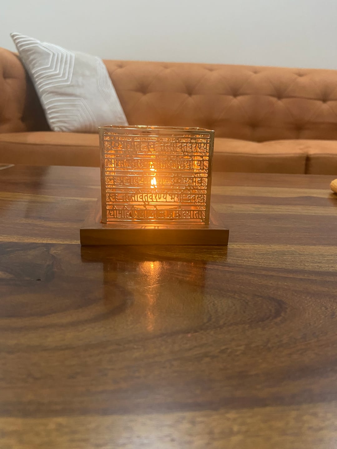 Customer photo review of Gayatri Mantra Tea Light Holder - Teak & Brass