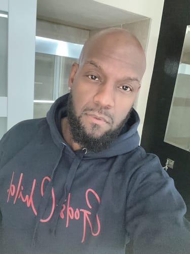 Customer photo review of God`s Child "Big Signature" Fleece Pullover Hoodie (Navy Blue & Red)