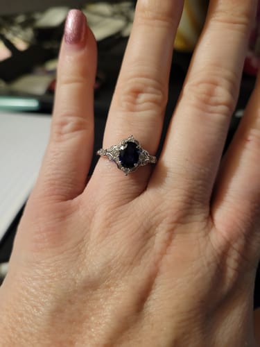 Customer photo review of Halo Art Deco Simulated Blue Sapphire CZ Ring in Sterling Silver