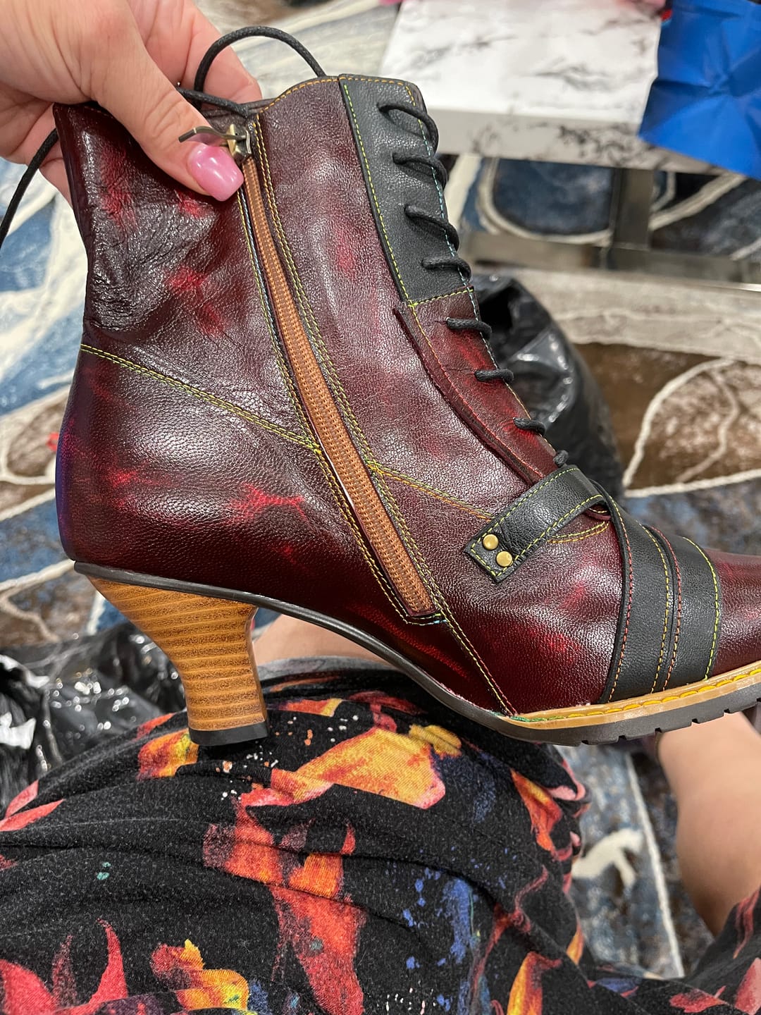 Customer photo review of Handcrafted Vintage Mixed Leather High Heel Ankle Boots