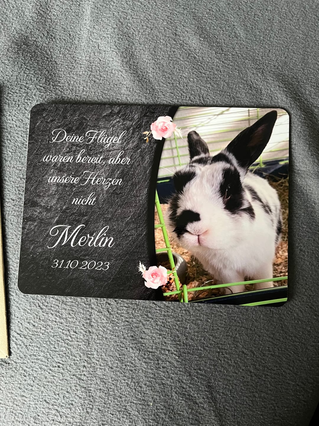Customer photo review of Kaninchen Gedenktafel mit Foto & eigenem Text (UV- & Wetterfest)