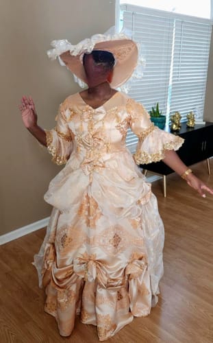 Customer photo review of Queen Charlotte Gown European Baroque and Rococo Style Golden Dress with Lace Embroidery - Bridgerton Inspired Plus Size