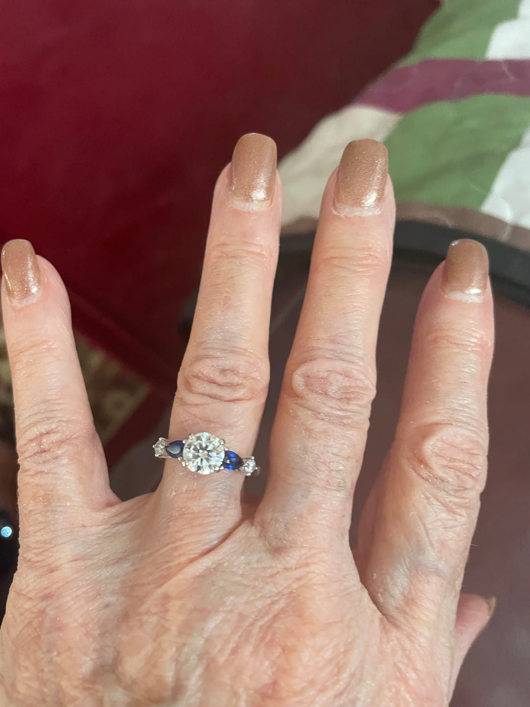 Customer photo review of Five Stone Moissanite And Sapphire Engagement Ring