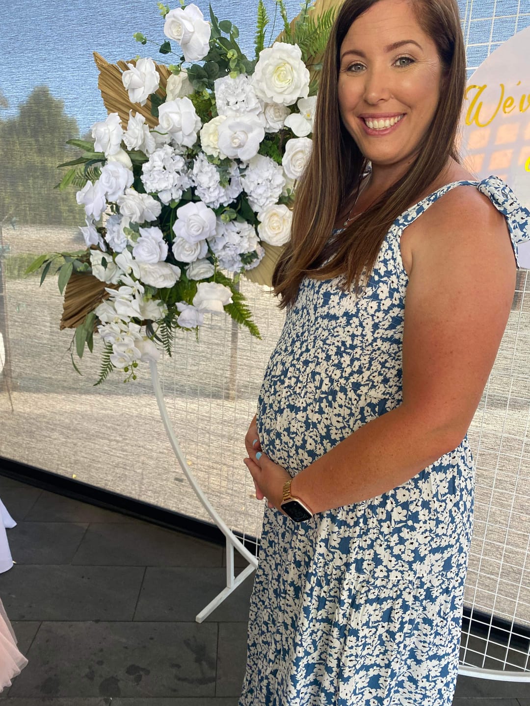 Customer photo review of Lilliana Maternity  Maxi Dress in Blue Print