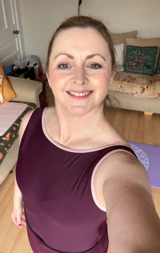 Customer photo review of Mersey Sleeveless Boatneck Leotard - Vino with Oyster Trim