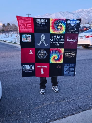 T-shirt quilt with family, sleeping themes by Cami from UT