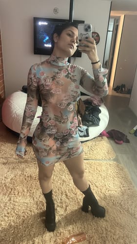 Customer photo review of Sheer mesh see through print high neck slit long sleeve mini dress