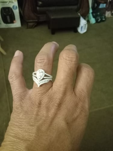 Customer photo review of Halo Wishbone Pear CZ Split Shank Ring Set in Sterling Silver
