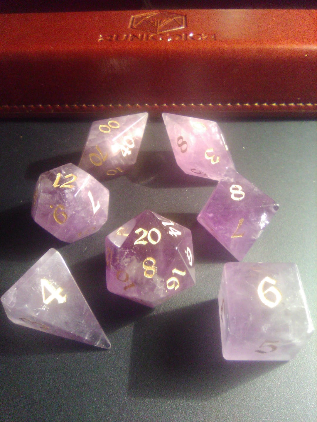 Customer photo review of Gemstone Amethyst Elven Cut Polyhedral Dice (With Box) DnD Set - RPG Game DND MTG Game
