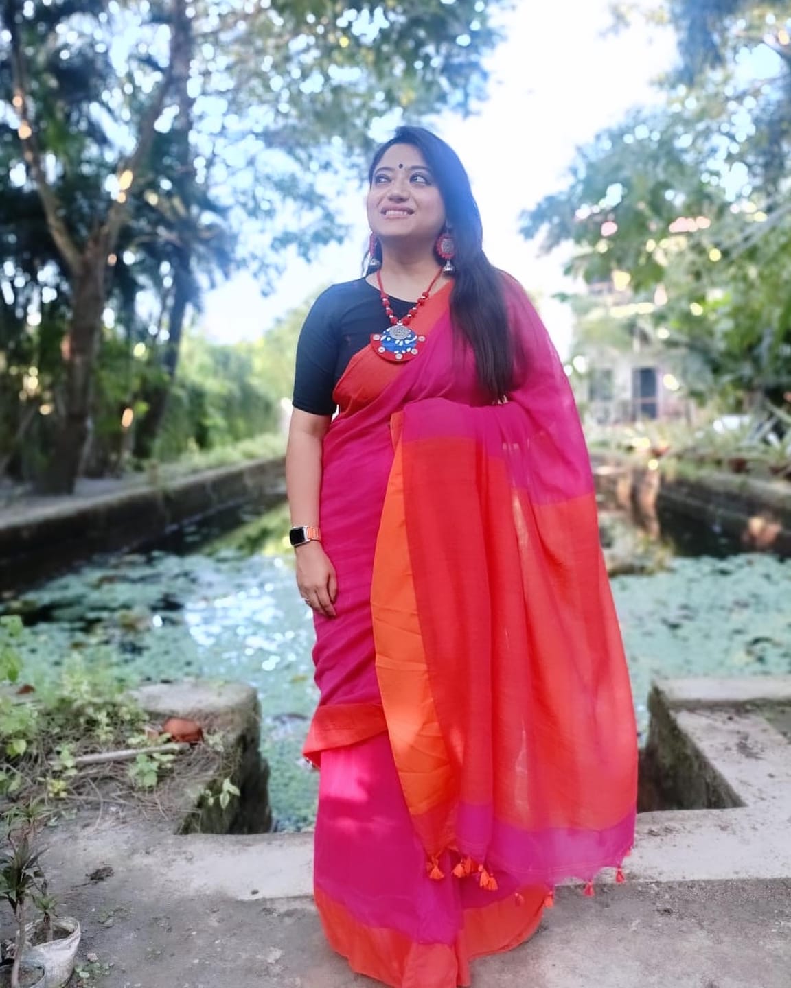 Customer photo review of Pink Orange Soft Cotton  Saree