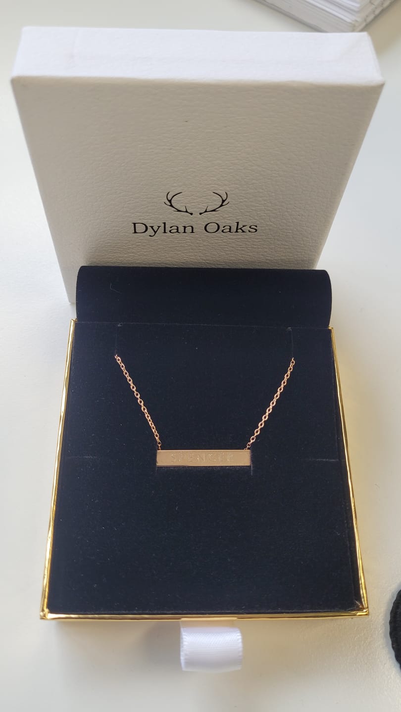 Customer photo review of 3cm Letter Bar Necklace in Rose Gold horizontal