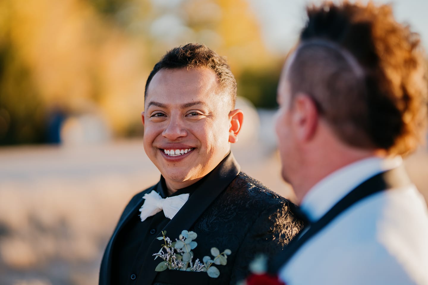 Customer photo review of Pure White Prince Feather Bow Tie with Lapel Pin