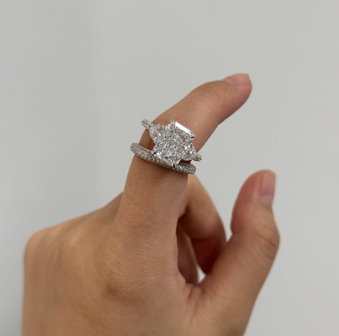 Customer photo review of S925 5.0Ct Radiant Cut & Heart Cut Three Stone Wedding Set In Sterling Silver