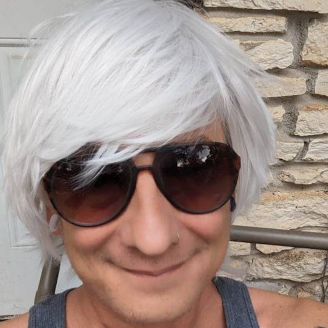 Customer photo review of Men Silver Gray Short Straight Fringe Bangs Cosplay Wig