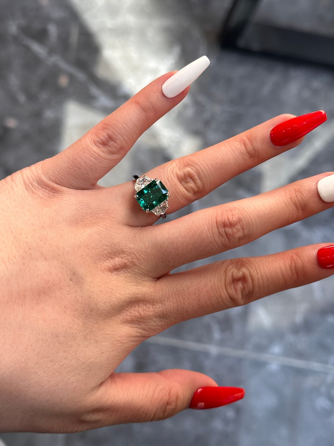 Customer photo review of S925 Paraiba Tourmaline 5 Ct Radiant Cut Three Stone Engagement Ring