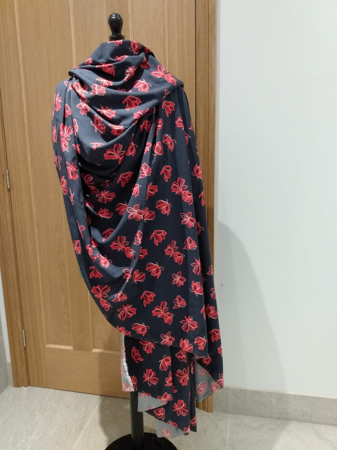 Customer photo review of Red Floral on Navy Viscose Challis Fabric
