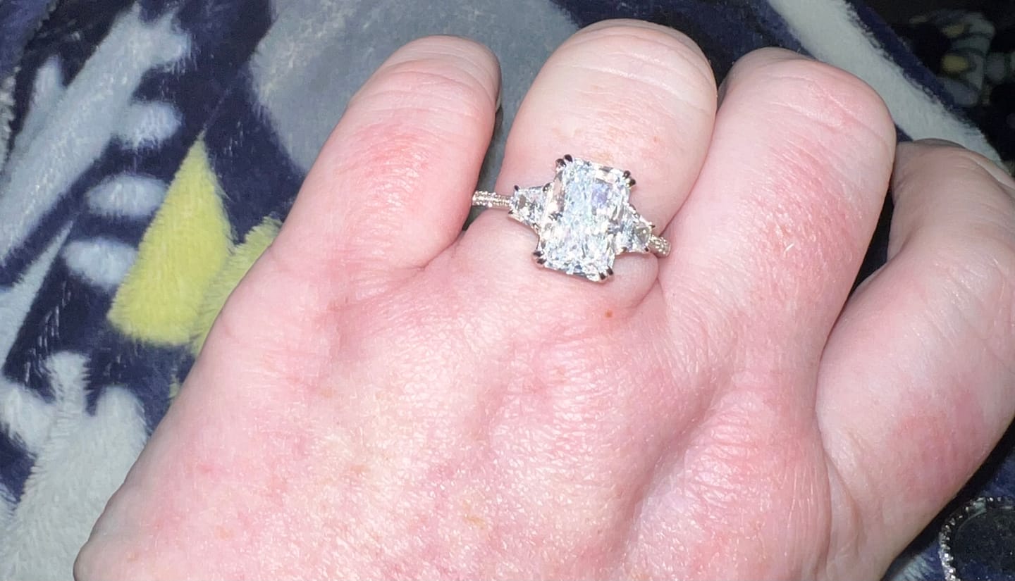 Customer photo review of Louily Gorgeous Three Stone Crushed Ice Radiant Cut Engagement Ring