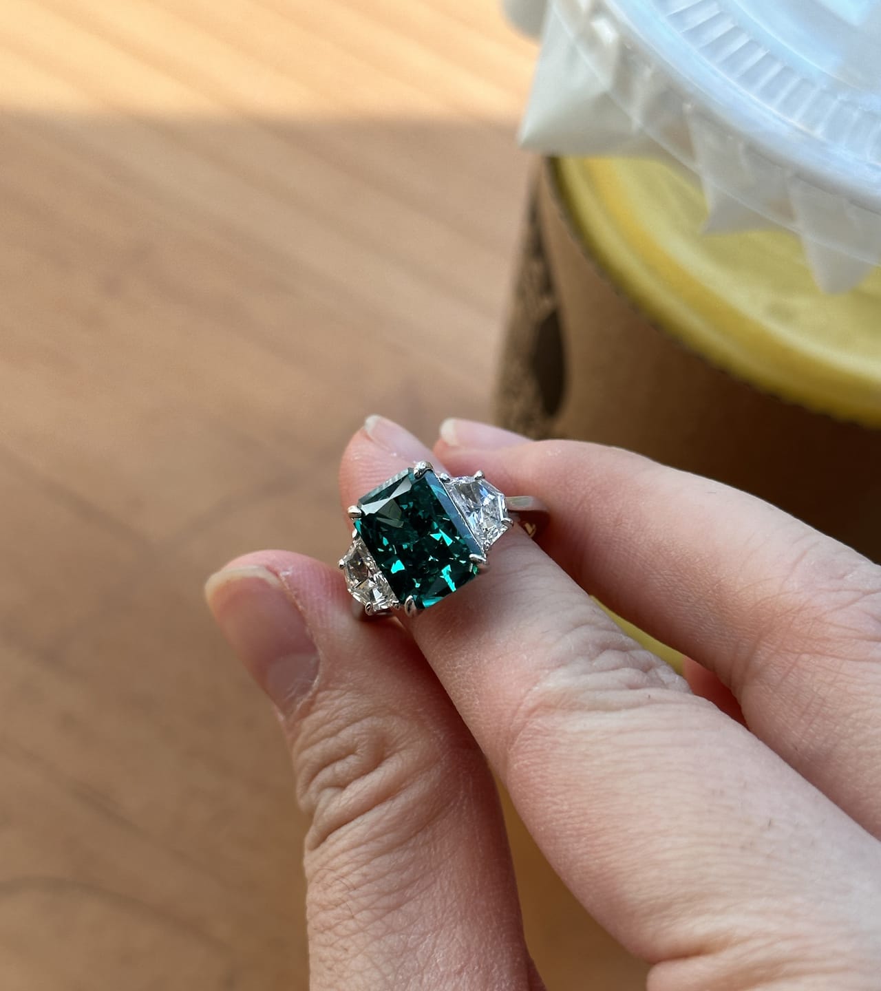 Customer photo review of S925 Paraiba Tourmaline 5 Ct Radiant Cut Three Stone Engagement Ring