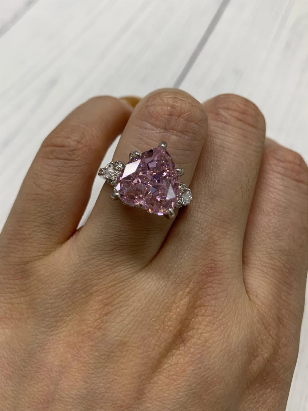Customer photo review of S925 5.0Ct Heart Cut Royal Romantic Pink Stone Heart Cut Engagement Ring In Sterling Silver