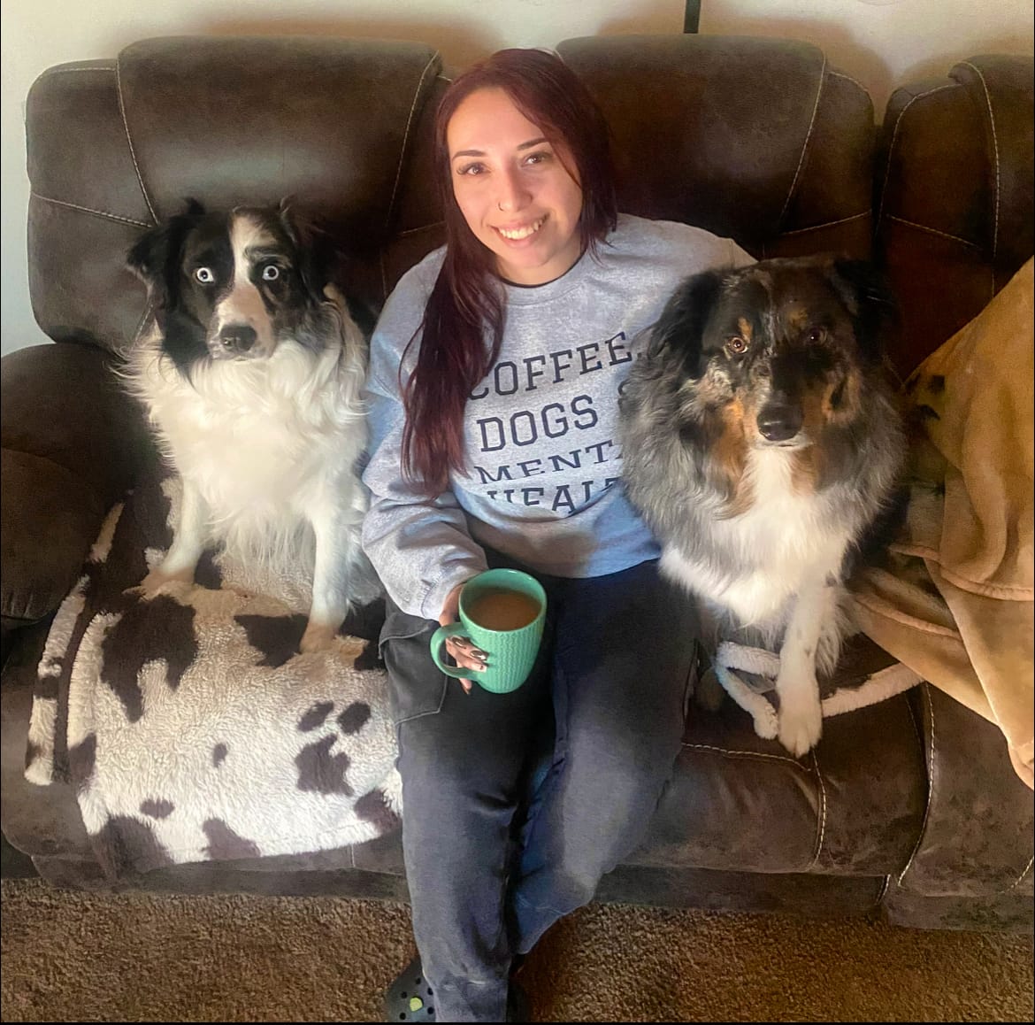 Customer photo review of Coffee, Dogs & Mental Health Sweatshirt