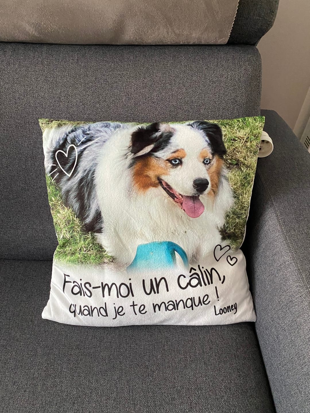 Customer photo review of Fais moi un câlin quand je te manque - Coussin personnalisé