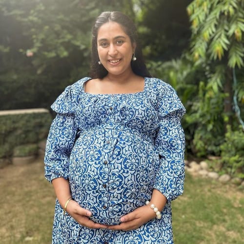 Customer photo review of Intricate Azure Maternity & Nursing Dress
