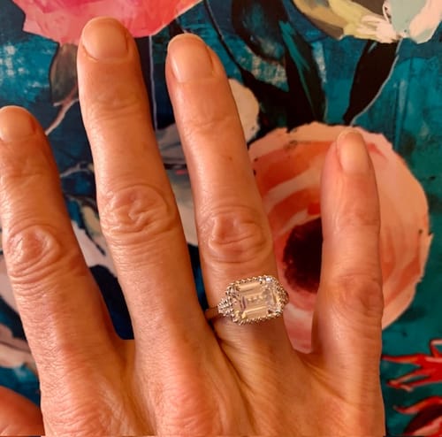 Customer photo review of Solitaire Milgrain Emerald Cut CZ Ring in Sterling Silver 3.8ct