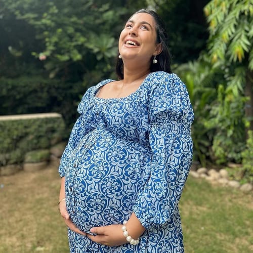 Customer photo review of Intricate Azure Maternity & Nursing Dress