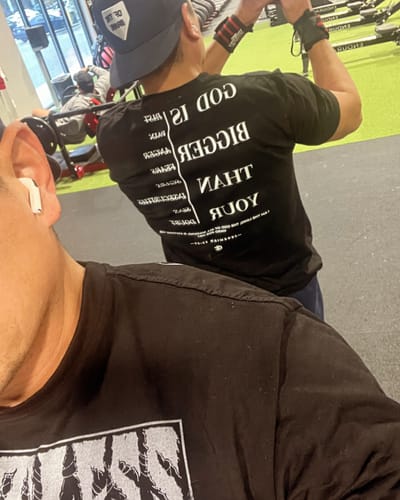 Customer photo review of Epiphany 'God Is Bigger Than Your...' Premium Heavyweight T-Shirt