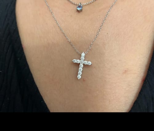Customer photo review of Veritas Silver Moissanite Cross Necklace with Box Chain