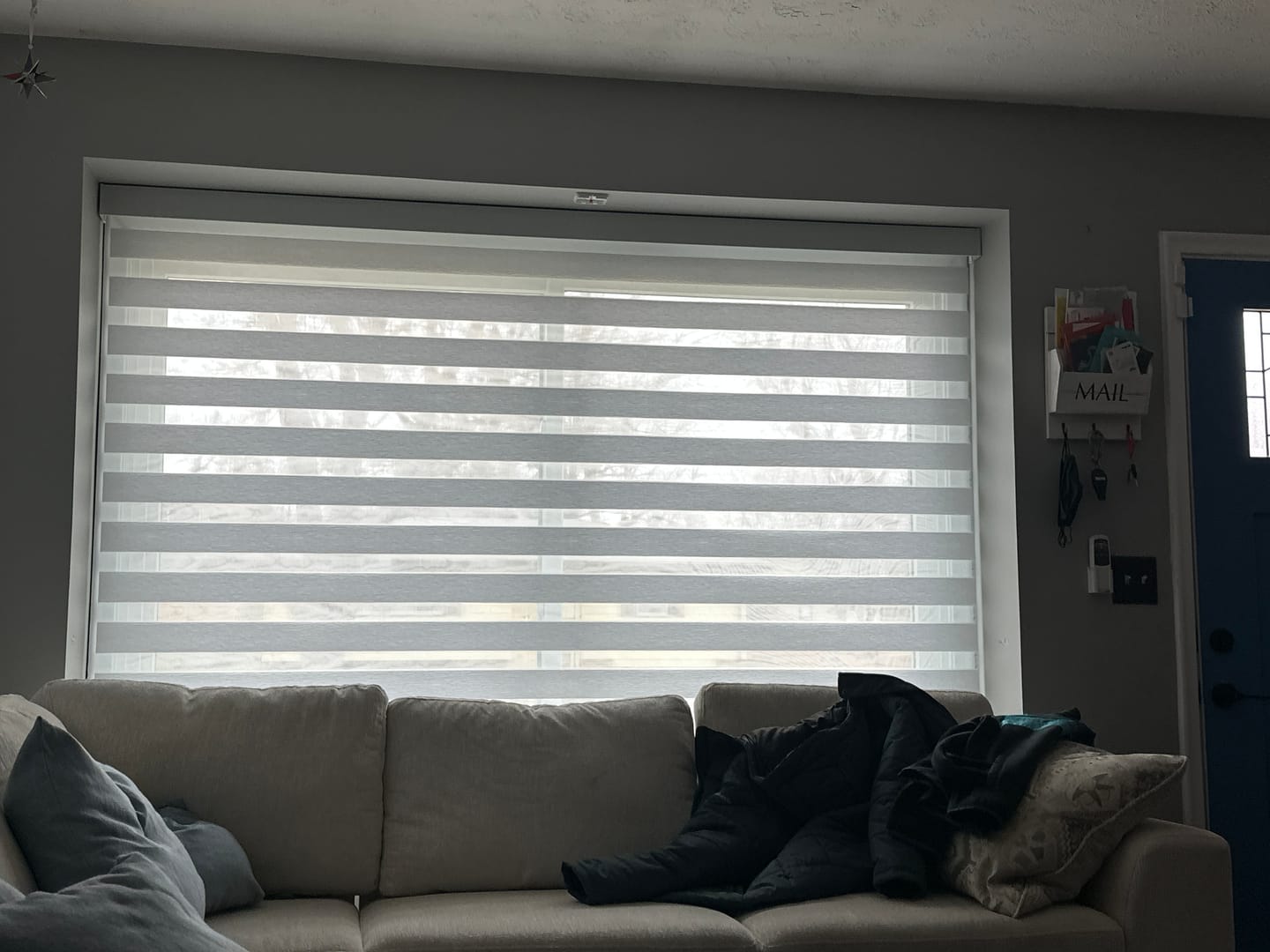 Customer photo review of SmartWings Motorized Zebra Shades 60% Blackout Translucent 75mm Eloise