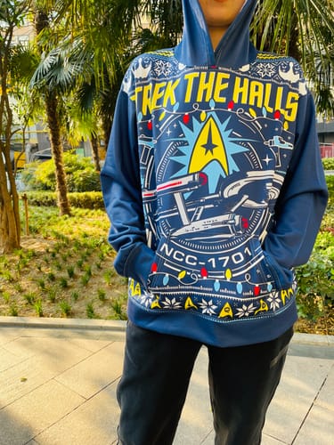 Customer photo review of Blue Interstellar Spaceship Ugly Christmas Printing Hooded Sweatshirt