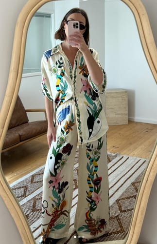 Customer photo review of Claire Satin Unique Print Elastic Waist Pocketed Wide Leg Pants