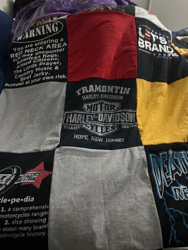 T-shirt quilt with motorcycles, harley-davidson themes by Tara from PA