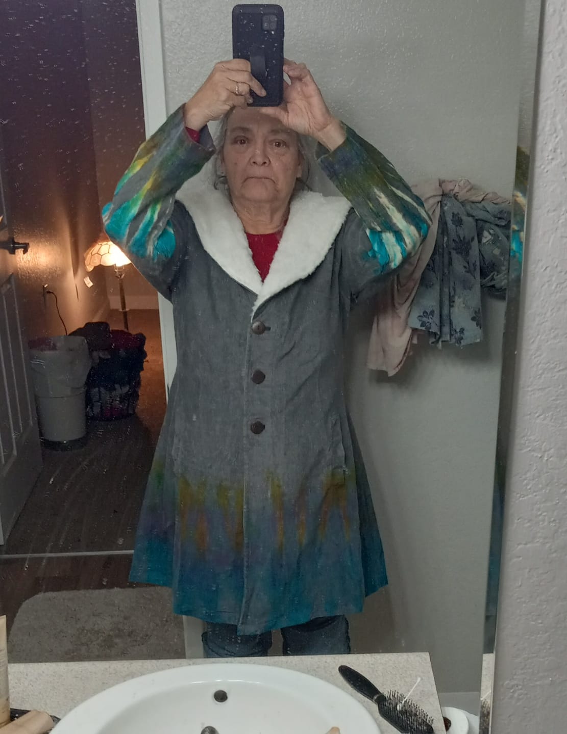 Customer photo review of Tie Dye Corduroy Jacket with Sherpa Fleece Trim
