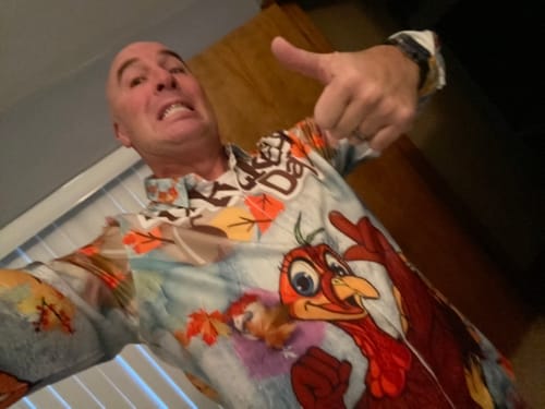 Customer photo review of Men's Thanksgiving Funny Turkey Print Button Up Cute Animal Vacation Long Sleeve Shirt