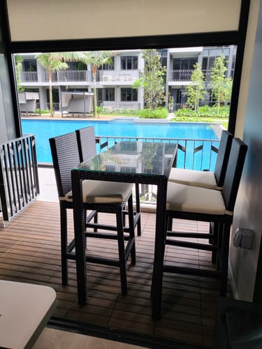 Customer photo review of Midas Long 4 Chair Bar Set,White Cushions