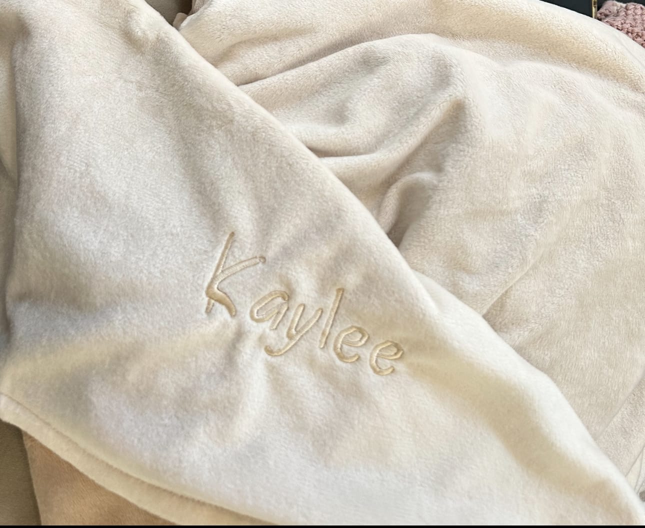 Customer photo review of MinkyBee Stroller Blanket ~ Camel/Ivory