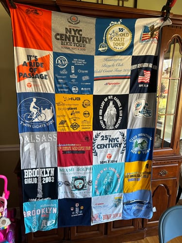 T-shirt quilt with bicycling, cycling events themes by Rosemarie from NY