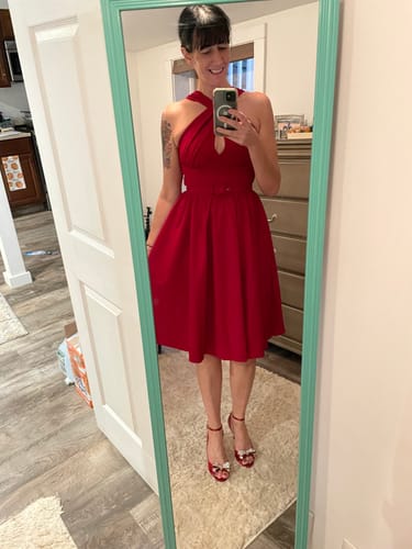Customer photo review of Golden Era Swing Dress and Scarf in Ruby Red - Vixen by Micheline Pitt