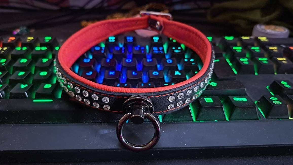 Customer photo review of SiaLinda: Halsband echtes Elch Leder mit Strass rot schwarz, gr. O-Ring, 20mm breit