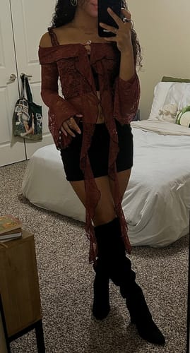 Customer photo review of Lace off shoulder see through button ruffle long flared sleeve crop top