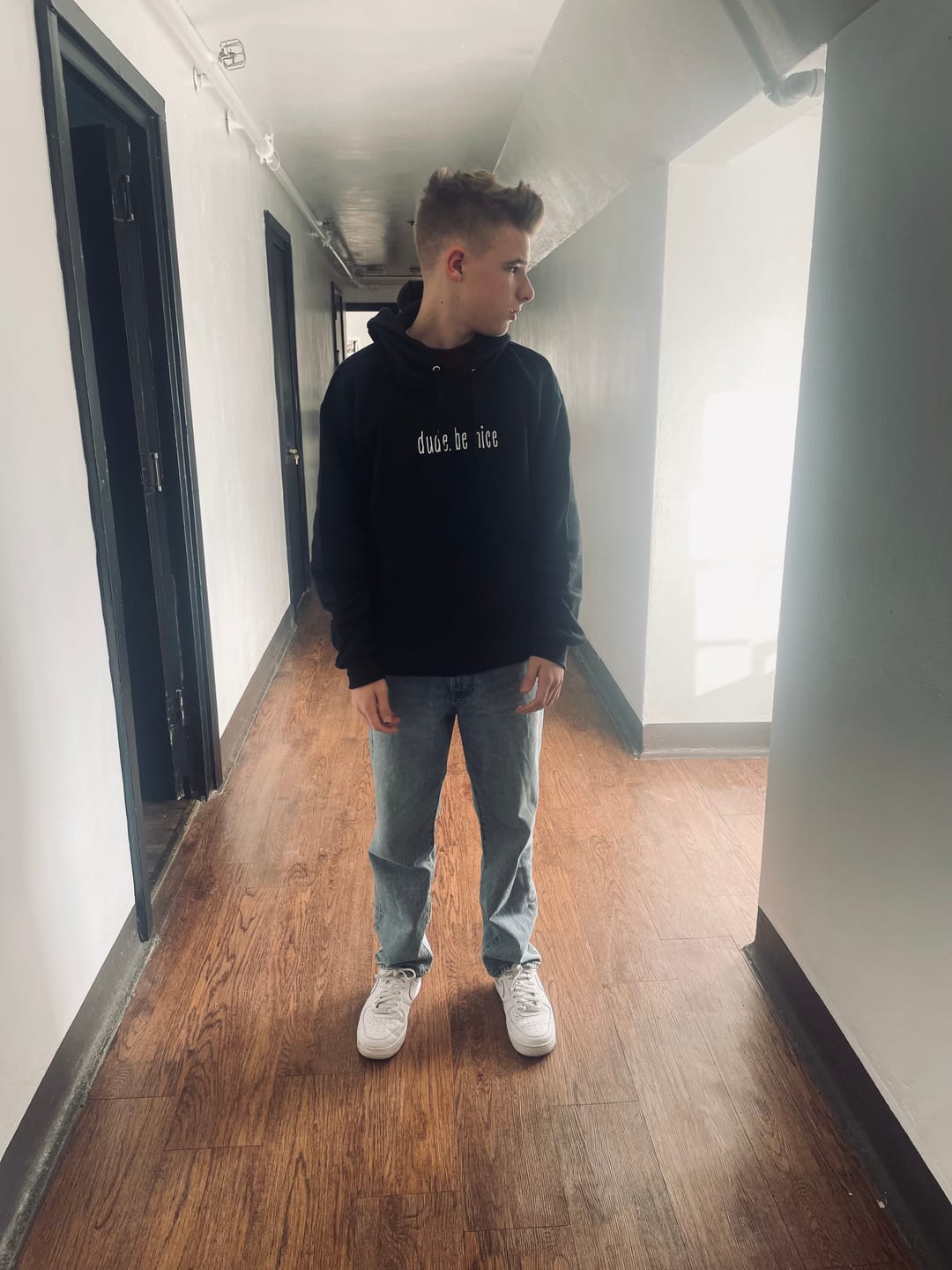 Customer photo review of dude. be nice Hoodie (Mint & Chip Collection)