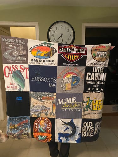 T-shirt quilt with motorcycles, bars and grills themes by Susan from CT