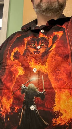 Customer photo review of You Shall Not Pass Cat Button Up Shirt