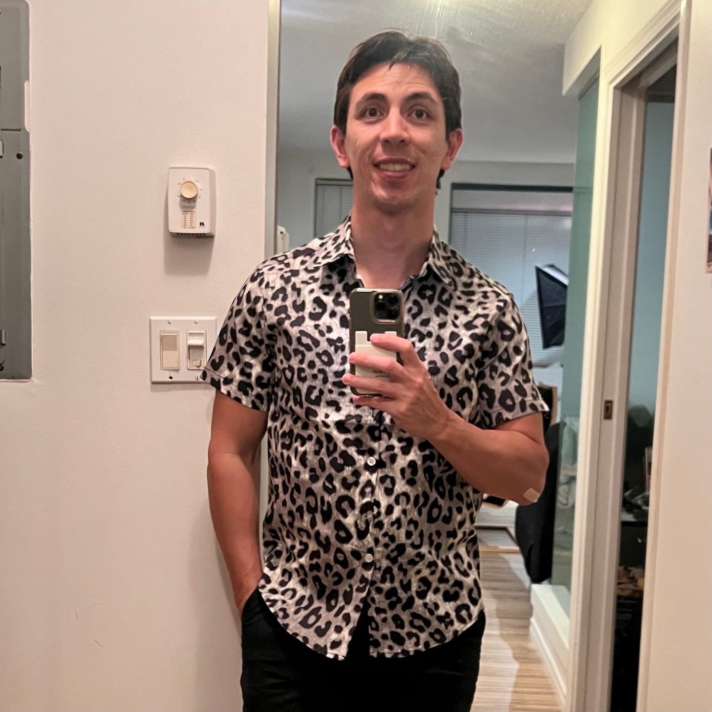 Customer photo review of Men's Cotton Casual White Leopard Animal Print Cheetah Rock Short Sleeve Shirt
