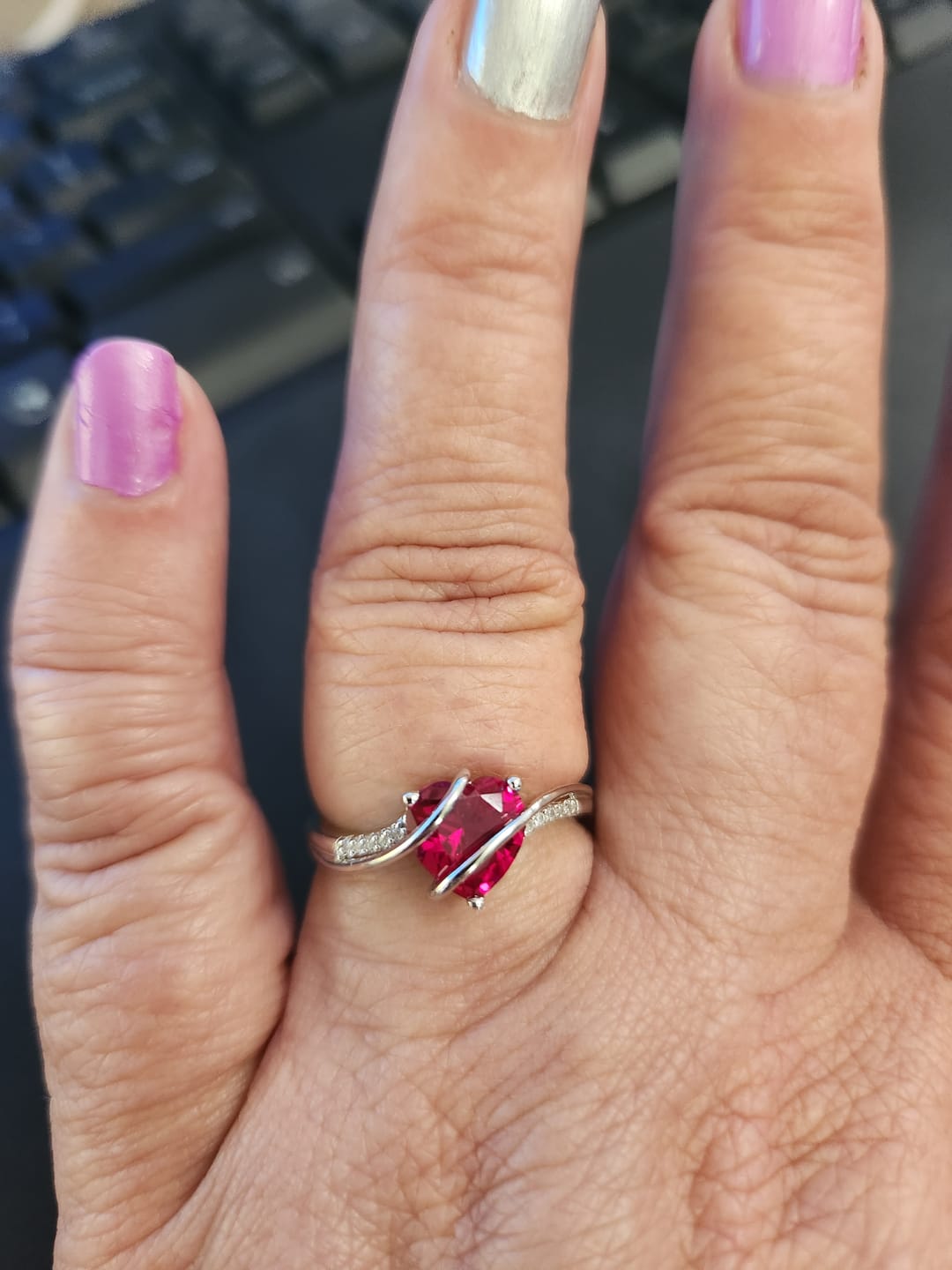 Customer photo review of Heart Cut Ruby Split Shank Pave Sterling Silver Ring