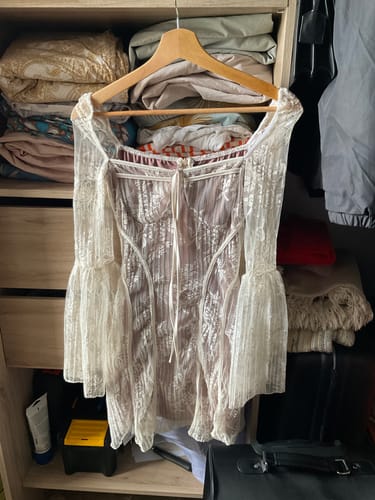 Customer photo review of Lace square neck long flared sleeve zip-up ruffle mini dress