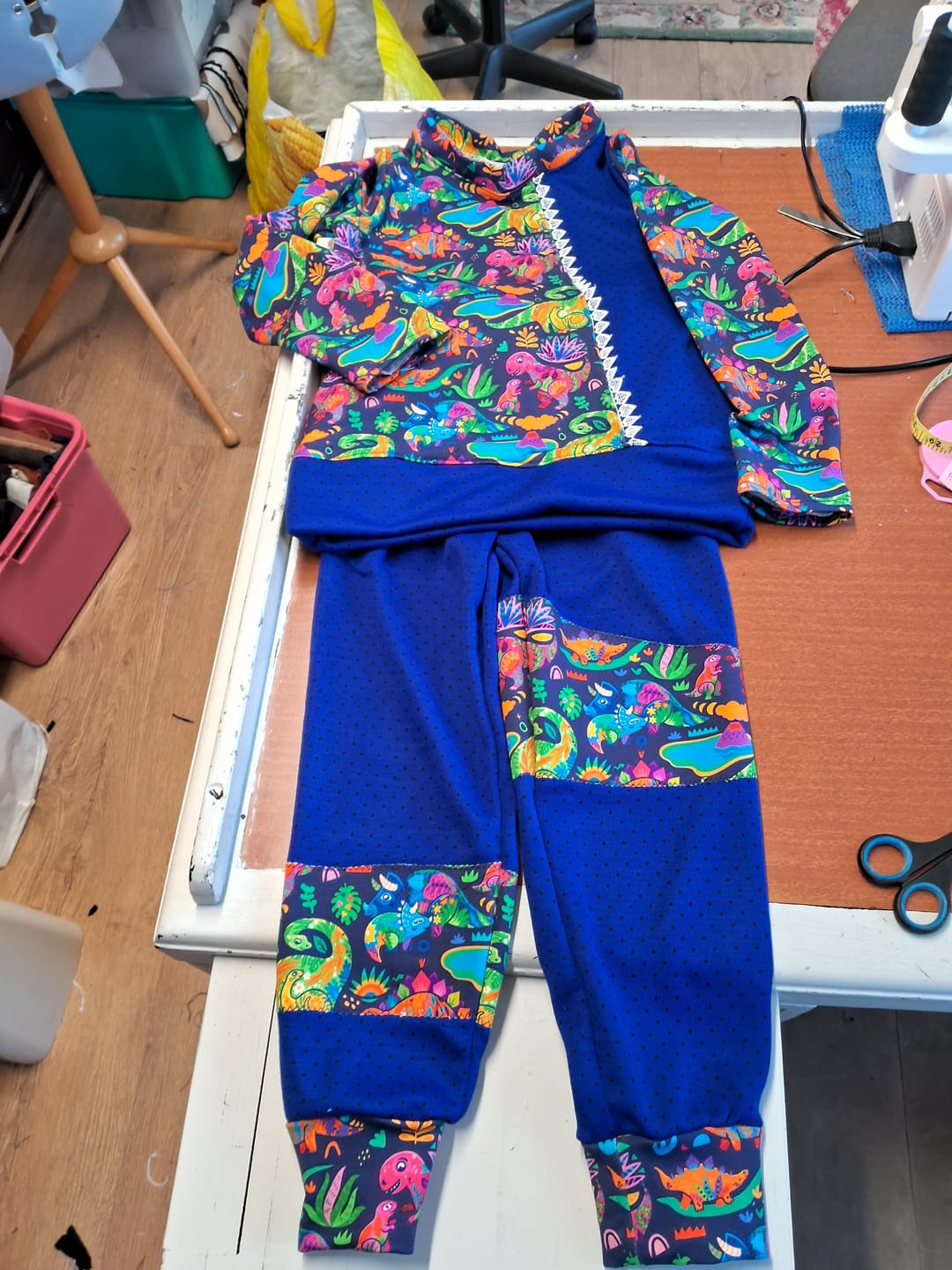 Customer photo review of Multicoloured Dinosaurs on Navy French Terry Fabric