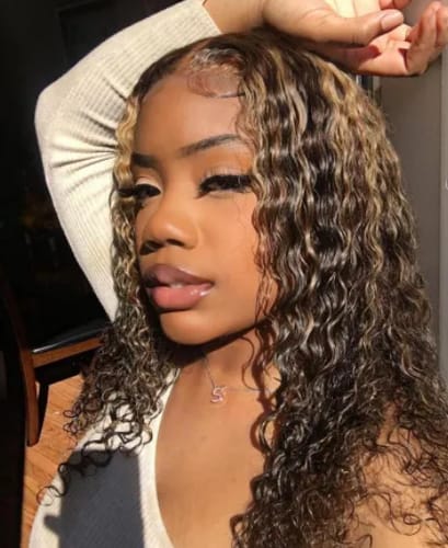 Customer photo review of Luvwin 5x5 Side Part Water Wave Brown Highlights Pre-Cut Transparent Closure Wig